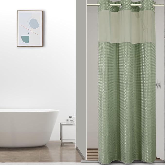 Colorful Star Sage Green No Hook Waffle Shower Curtain Set, 36 x 75 Inch | Waterproof Shower Curtain with Snap in Fabric Liner and Mesh Top Window, Hotel Style Heavy Duty Thick Bathroom Curtain