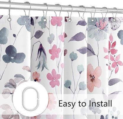 Extra Long Shower Curtain 72 x 84 Inch, Tall Pink Blue Floral Shower Curtain for Bathroom, Watercolor Flower Butterfly Fabric Shower Curtain Set with Hooks