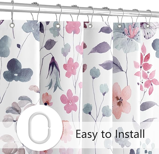 Watercolor Floral Shower Curtain 60x72, Pink Blue Flower Fabric Shower Curtain for Bathroom, Cute Wildflower Butterfly Cloth Shower Curtain Set with Hooks