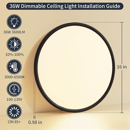 16 Inch Flush Mount Ceiling Light with Remote, 36W Dimmable LED Fixture 3600LM, 3000K-6500K Adjustable, Round Ceiling Lamp for Bedroom, Kitchen, Living Room, Dining Room, Bathroom, Black