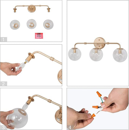Bathroom Light Fixtures, 3-Light Gold Bathroom Vanity Light with Seeded Glass Shade, Bathroom Lighting Fixtures Over Mirror, L24.5'' x W7.5'' x H10''