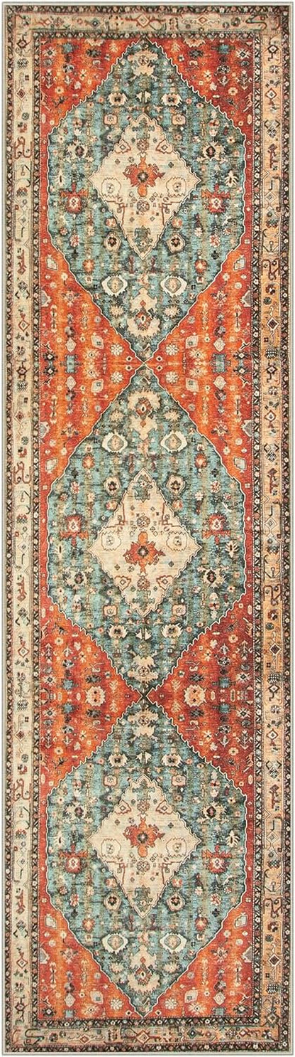Lahome Felice Boho Tribal 2x8 Washable Kitchen Runner Rug, Soft Rug Runners for Hallways Non Slip, Vintage Oriental Indoor Throw Bathroom Carpet Runner for Entryway Bedroom (Rust/Dull Teal,2x8ft)