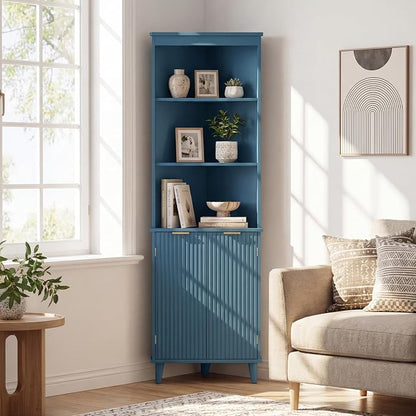Giantex 68" Tall Corner Cabinet with Fluted Doors (Navy Blue) | Modern Bathroom Floor Storage Cabinet, 6-Tier Space Saver Display Shelves for Kitchen, Living Room, Hallway, Laundry