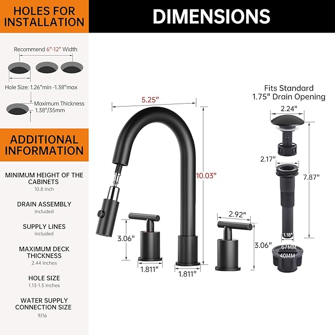 Matte Black Pull Down Bathroom Faucet with Pop-up Drain, 8 inch Widespread Bathroom Faucet 3 Hole with Pull Down Sprayer 2 Modes. 8'' Matte Black Bathroom Faucet with Supply Lines