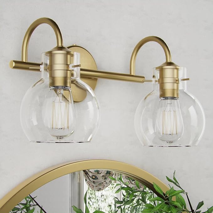 2 Lights Bathroom Vanity Light Fixtures Over Mirror Modern Gold | Wall Sconce,Elegant Globe Glass Shades,E26 Base,UL Certified,Anti-Rust,Damp Rated,Painted,Bedroom Living Room Entryway