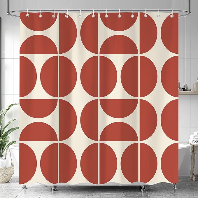 Red Brown Mid Century Modern Shower Curtain, Boho Abstract Geometric Retro Art Shower Curtains for Bathroom, Colorful Unique Pattern Polyester Fabric Shower Curtain Set 12 Hooks 72X72IN