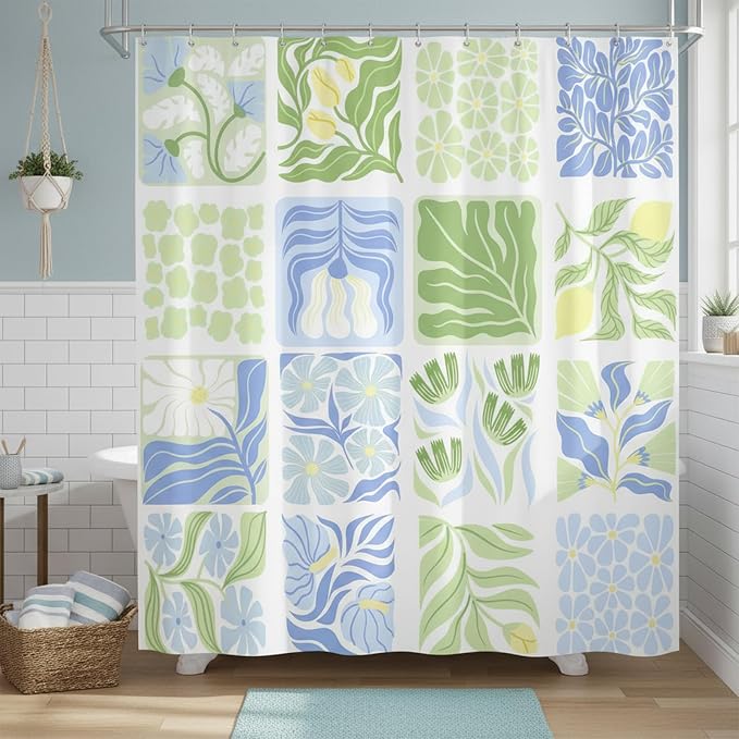 JAWO Blue Cute Boho Floral Shower Curtain, Colorful Abstract Floral Retro Aesthetic Shower Curtain for Bathroom, Funky Unique Waterproof Fabric Polyester Bath Curtains Decor with Hooks,60Wx70H