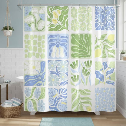 JAWO Blue Cute Boho Floral Shower Curtain, Colorful Abstract Floral Retro Aesthetic Shower Curtain for Bathroom, Funky Unique Waterproof Fabric Polyester Bath Curtains Decor with Hooks,60Wx70H