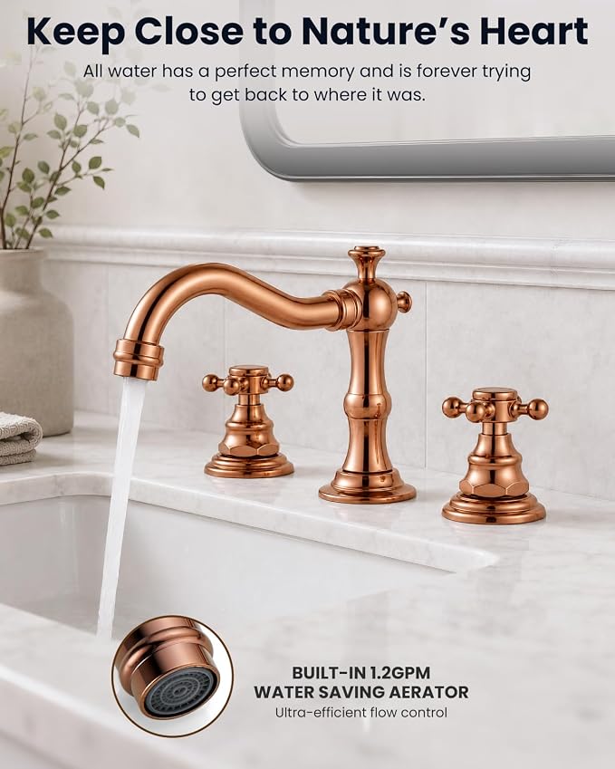 gotonovo 3 Hole 8’’ Widespread Bathroom Sink Faucet Rose Gold | Vintage Bathroom Faucet,2 Cross Handle,6-16’’ Sink,Vanity,Basin,RV,Farmhouse,SUS304,24’’ cUPC Hose Pop Up Drain,Deck Mount