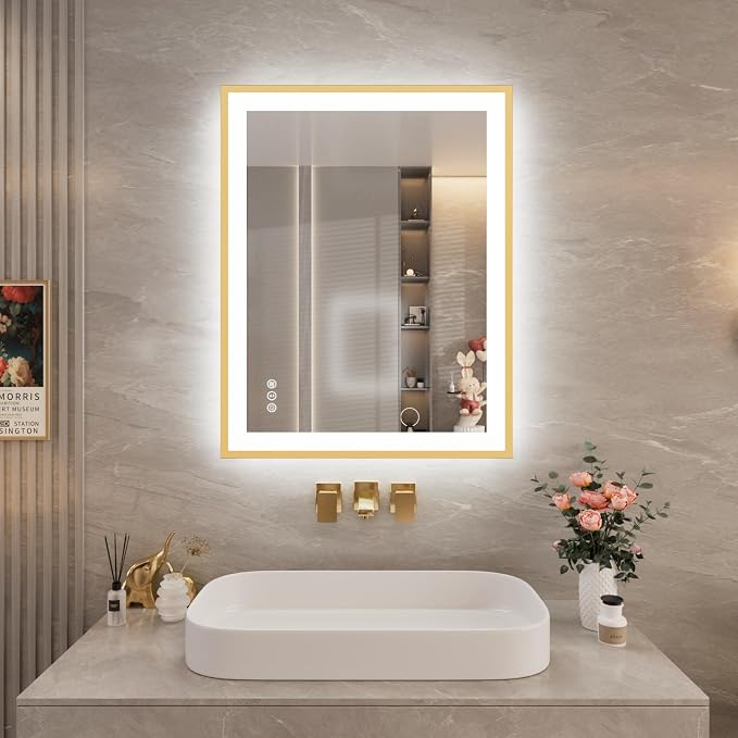 28x36 Inch LED Bathroom Mirror with Gold Frame | Gold Metal Frame, Front and Backlit, 3 Colors, Dimmable, Memory, Anti Fog, Tempered Glass, Lighted Mirror for Wall