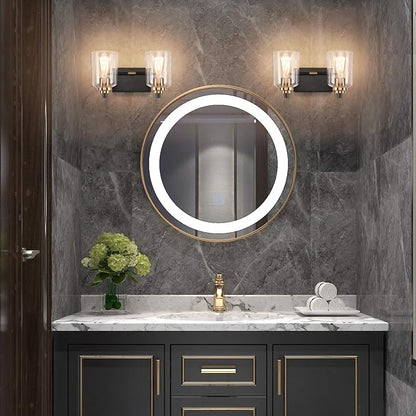 SOLFART Vintage Bathroom Vanity Light Black Bathroom Light fixtures Over Mirror Metal with Clear Glass Brass Fixtures Wall Mount Wall Lighting Sconce (2 Lights)