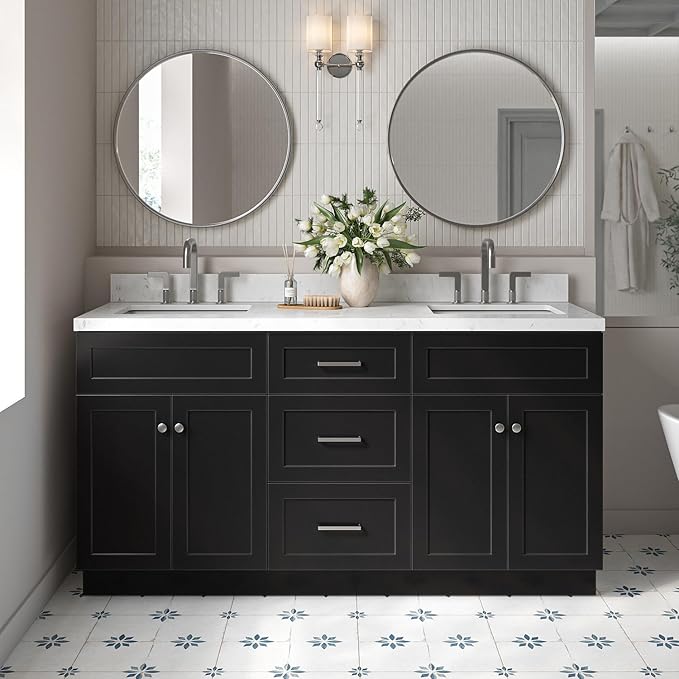 ARIEL Hamlet 66-inch Bathroom Vanity with Sink,Solid Wood, 1.5-inch Carrara White Quartz Countertop & Backsplash, Double Rectangular Porcelain Sink, 4 Soft Closing Doors, 3 Dovetail Drawers, Black