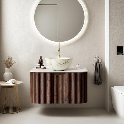 24" Floating Bathroom Vanity with Sink, Modern Bathroom Storage Cabinet with Ceramic Bowl Shape Basin and Marble Top, Large Storage Drawer, Soft-Close Design, Pre-Assembled, Dark Walnut