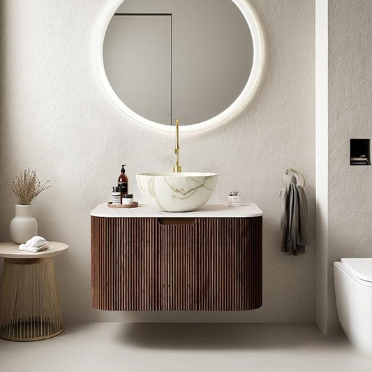 24" Floating Bathroom Vanity with Sink, Modern Bathroom Storage Cabinet with Ceramic Bowl Shape Basin and Marble Top, Large Storage Drawer, Soft-Close Design, Pre-Assembled, Dark Walnut
