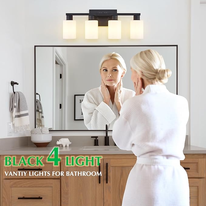 Black Bathroom Light Fixtures 4 Light Bathroom Vanity Light Matte Black Vanity Lights with Eye-Friendly Milky White Frosted Glass Shades E26 Socket (Bulbs Not Included)