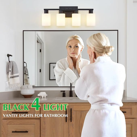 Black Bathroom Light Fixtures 4 Light Bathroom Vanity Light Matte Black Vanity Lights with Eye-Friendly Milky White Frosted Glass Shades E26 Socket (Bulbs Not Included)