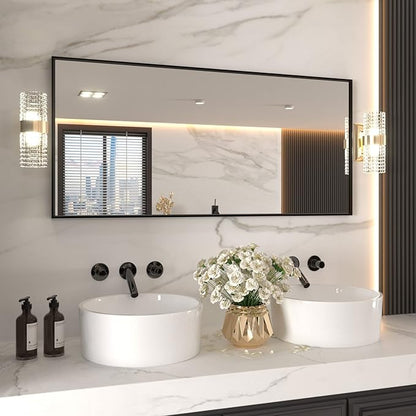 LOAAO 60"X28" Black Rectangle Bathroom Mirror Wall, Matte Black Aluminum Alloy Frame, Tempered Glass, Hangs Vertically or Horizontally, Easy to Install