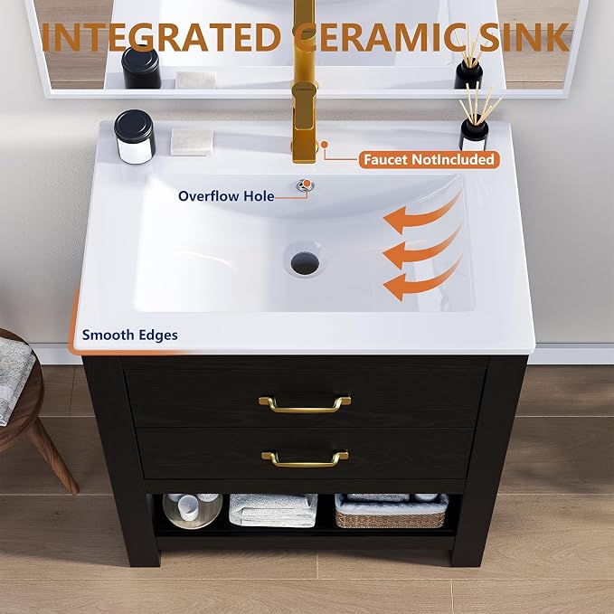 Bathroom Vanity with Sink, 24 Inch Small Bathroom Storage Cabinet with Double Drawers, Freestanding Modern Bathroom Cabinet with Open Bottom Shelf & LED Light, Black
