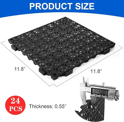 Modular Interlocking Cushion 24 Pack 11.8" x 11.8" Rubber Floor Tiles Non-Slip Splicing Drainage Mats for Deck, Pool, Outdoor Shower, Patio, Balcony, Indoor Bathroom, Kitchen, Yard (Black)
