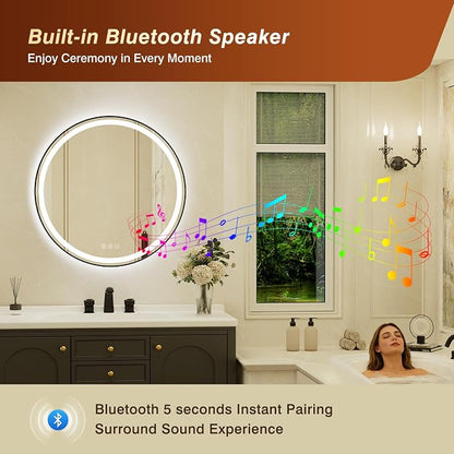 30 Inch Round Black Framed LED Bathroom Mirror with Lights, Built-in Bluetooth Speaker,Tempered Glass,Dimmable Lighted Bathroom Vanity Mirror with 3 Colors, Backlit + Frontlit, Memory, Anti-Fog