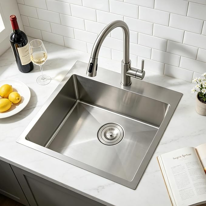 18x18 Inch Bar Sink Drop In Kitchen Sink, Topmount Stainless Steel Square Small Workstation Sinks, Single Bowl Kitchen Sinks for Laundry Wet Bar Prep RV Office Outdoor Yard