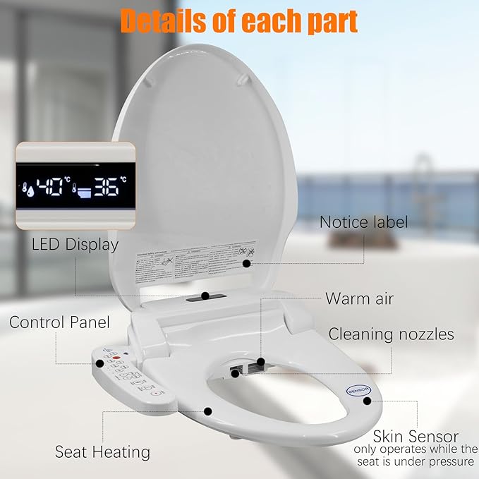 Bidet Toilet Seat Electric Warm Water Bidet with Warm Air Drying, Heated Seat Bidets with Self-cleaning Nozzle Temperature Adjustable White (Round)