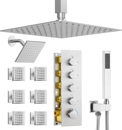 Dasan Thermostatic Dual Shower Head System with 6 Body Jets, 6-Inch Shower & 16” Rainfall Shower, Luxury Brushed Nickel Shower Faucet Set Tandem Rain Shower Head System for Couples/ 2-Person
