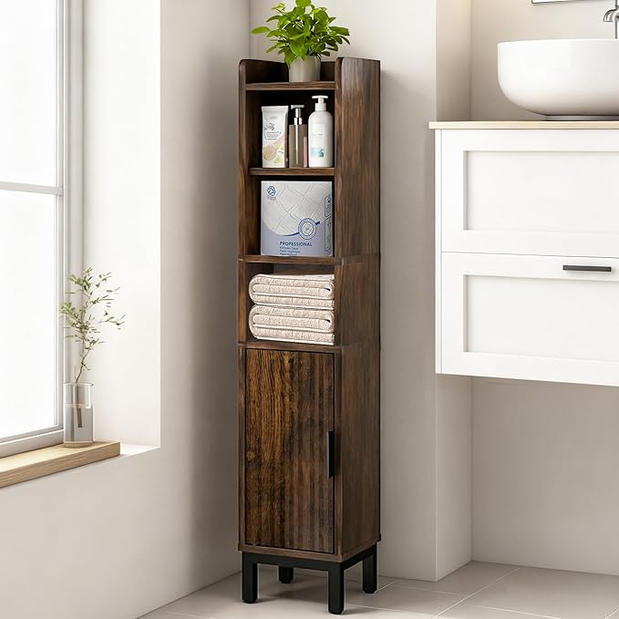 Narrow Bathroom Storage Cabinet, Corner Toilet Paper Floor Cabinet 5 Tiers with Door and Shelves,Bathroom Organizer with Adjustable Shelf, for Small Spaces(Rustic Brown)