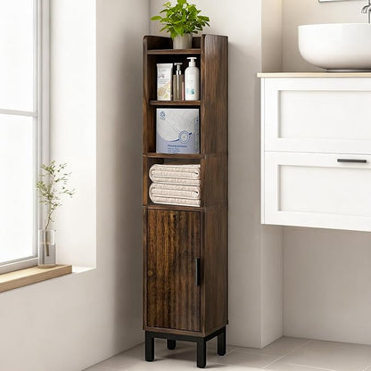 Narrow Bathroom Storage Cabinet, Corner Toilet Paper Floor Cabinet 5 Tiers with Door and Shelves,Bathroom Organizer with Adjustable Shelf, for Small Spaces(Rustic Brown)