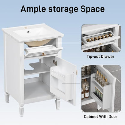 20 Inch Small Bathroom Vanity with Sink, Vanity Cabinet with Tip-Out Drawer and Door Rack Organizer, Adjustable Shelf, White