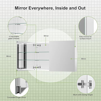 Sunrosa Aluminum Bathroom Medicine Cabinet with Mirror Door, 48" x 27.5", 2-Door Wall-Mounted & Recessed Bathroom Medicine Cabinet Organizer