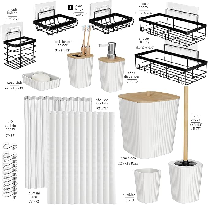 Clara Clark Bathroom Accessories Set - Bathroom Set with Adhesive Corner Shower Caddy Hanging, 25PC Bathroom Accessory Set, White Shower Curtain Set, Toilet Brush, Trash Can & Soap Dispenser | 25 Piece Bathroom Accessories Set with Toothbrush Holder, S...