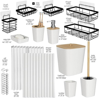 Clara Clark Bathroom Accessories Set - Bathroom Set with Adhesive Corner Shower Caddy Hanging, 25PC Bathroom Accessory Set, White Shower Curtain Set, Toilet Brush, Trash Can & Soap Dispenser | 25 Piece Bathroom Accessories Set with Toothbrush Holder, S...