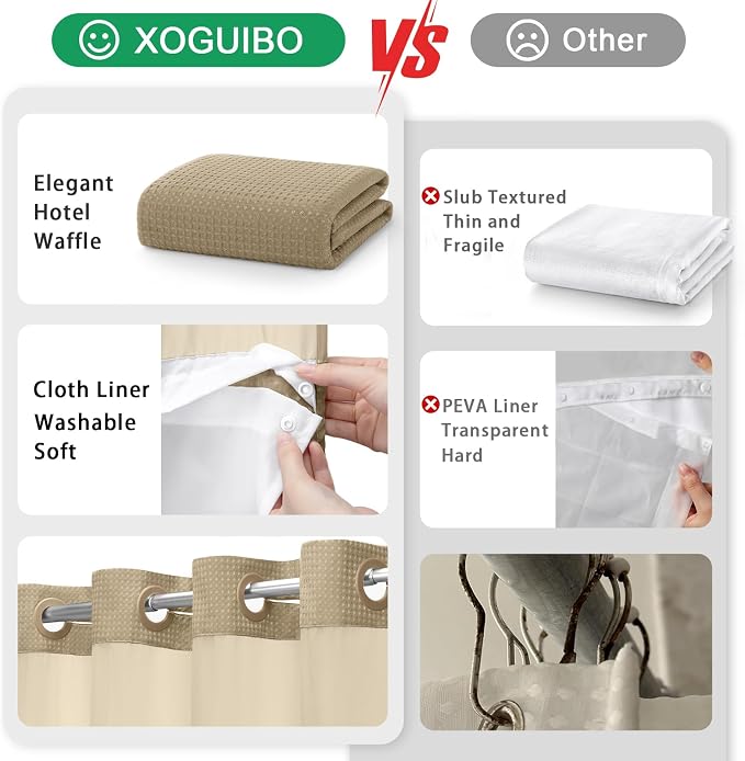 No Hook Shower Curtain and Liner Set,Beige Hotel Waffle Shower Curtain with Liner 75" L x 72" W