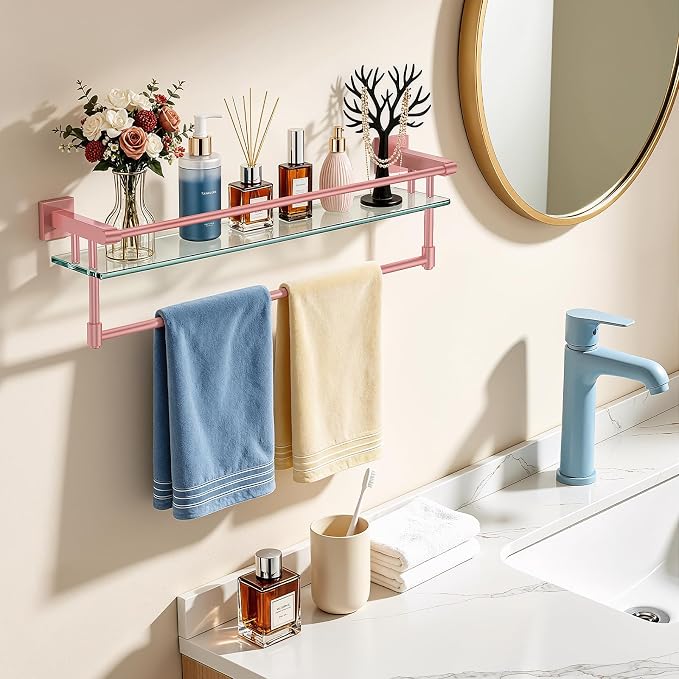 Bathroom Glass Shelf Towel Rack Shelf Glass Organizer Wall-Mounted Bathroom Storage SUS304 Stainless Steel Towel bar/Track Wall-Mounted Tempered Glass Stainless Steel Shelf (Pink, 24‘’ with Railing)