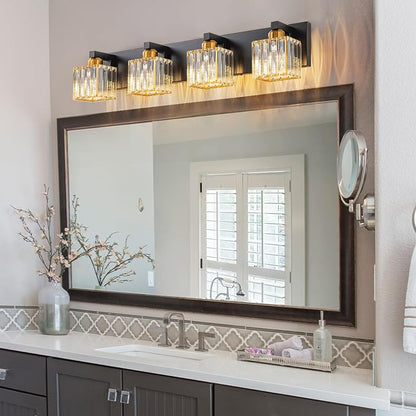 Crystal Black Gold Bathroom Vanity Light, 4-Lights Bathroom Lighting Fixtures Over Mirror Modern Crystal Wall Lighting with Square Shade