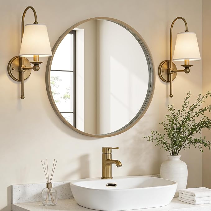 Round Wood Mirror 24" Circle Wall Mirror for Bathroom Round Wall Mirror for Wall Decor, Vanity, Entryway Living Room, Honey