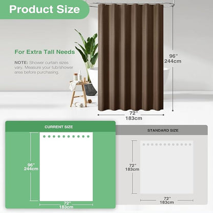 Extra Long Waffle Shower Curtain 256 GSM Fabric 72x96 Brown | 96 Inch Tall, Thick Cloth, Weighted Hem, Water Repellent, Hotel Luxury Polyester Shower Curtain Set for Bathroom 12 Hooks