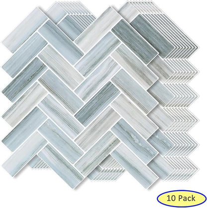 Tilingview 10PCS Peel and Stick Backsplash for Kitchen, Plastic Self-Adhesive Vinyl Gel Tile, Wall Tile for Home Decoration (Blue Gray Herringbone)