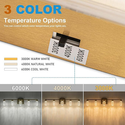 SineRise 5-Light Gold Vanity Light with 3 Color Modes (3000K/4000K/6000K), Eye Protection LED Bathroom Light Fixture, Dimmable Modern Wall Light Over Mirror with Clear Glass Shade
