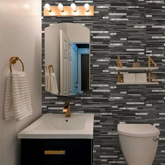 StyloVue 20 Sheets Peel and Stick Tile Backsplash, Black with Metal Gold Look Stick on Tile Upgrade Your Kitchen Backsplash, RV, Fireplace
