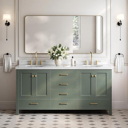 ARIEL Cambridge 72-inch Bathroom Vanity with Sink,Solid Wood, 1.5-inch Italian Carrara Marble Countertop, Double Oval Porcelain Sink, 4 Soft Closing Doors, 6 Dovetail Drawers, Vintage Green
