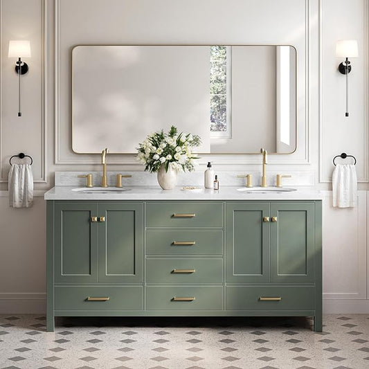 ARIEL Cambridge 72-inch Bathroom Vanity with Sink,Solid Wood, 1.5-inch Italian Carrara Marble Countertop, Double Oval Porcelain Sink, 4 Soft Closing Doors, 6 Dovetail Drawers, Vintage Green
