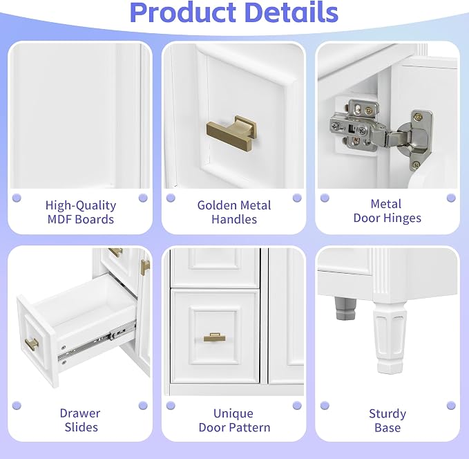 24" Modern Bathroom Vanity with Ceramic Sink, Solid Wood Frame Freestanding Storage Cabinet w/2 Drawers & Tilt-Out Drawer, Door Rack & Adjustable Shelf, Golden Metal Handles, White