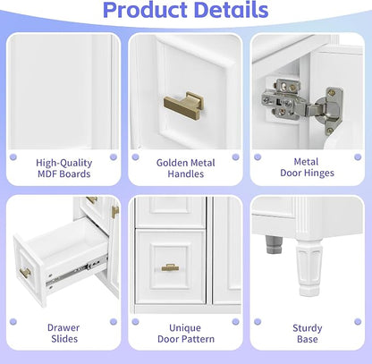 24" Modern Bathroom Vanity with Ceramic Sink, Solid Wood Frame Freestanding Storage Cabinet w/2 Drawers & Tilt-Out Drawer, Door Rack & Adjustable Shelf, Golden Metal Handles, White