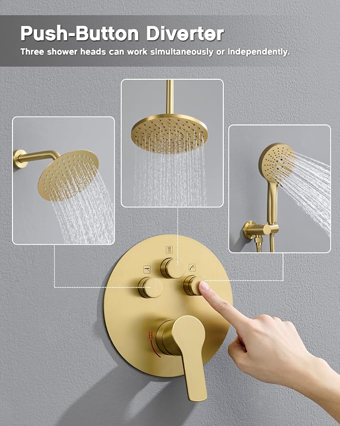 Iriber Brushed Gold Shower head with Handheld,8"+10" Rain Shower Faucet Set | 10 Inch Ceiling +8 Inch Wall Mount Dual Shower Heads,Push Button Diverter Shower System,Pressure Balance Valve