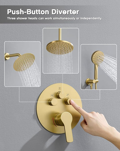 Iriber Brushed Gold Shower head with Handheld,8"+10" Rain Shower Faucet Set | 10 Inch Ceiling +8 Inch Wall Mount Dual Shower Heads,Push Button Diverter Shower System,Pressure Balance Valve