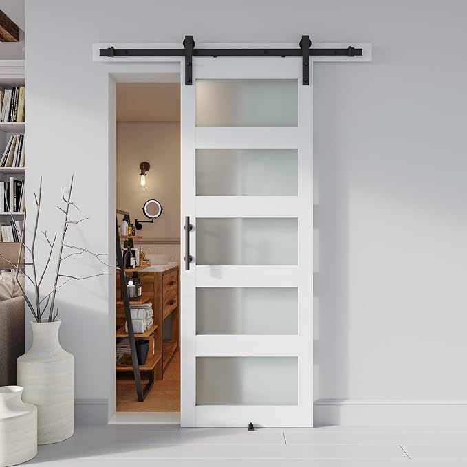 28'' x 84'' Glass Barn Door and 5Ft Hardware Kit Included White | MDF White Barn Door Slab with Frosted Glass, PVC Surface, Combined with Handle and Floor Guide-Assembly Required