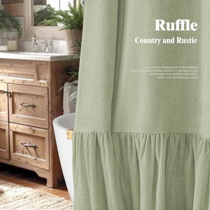 Farmhouse Shower Curtain Ruffle Linen Flax Green 72" W x 78" L | Linen Fabric, Farmhouse Boho, Bottom Ruffle, Rustic, Country, Natural Look, Washable, Shower Curtain for Bathroom Bathtub