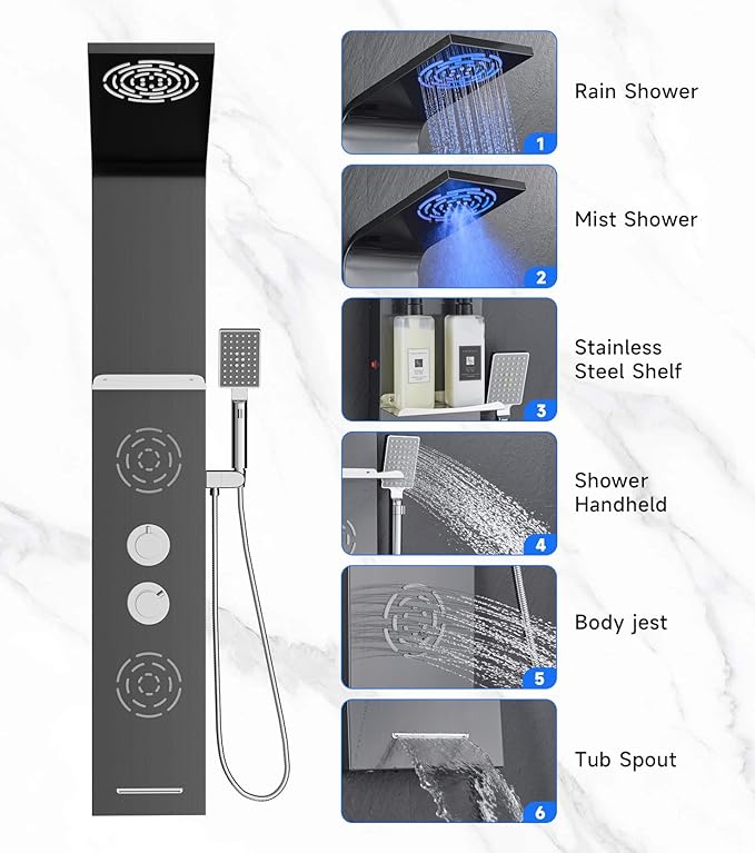 POPFLY LED Shower Panel Tower System with Shelf, MIST & Rainfall Shower Head and Rain Massage System with 2 Body Jets, Tub Spout, Handheld Shower with 59" Hose, 304 Stainless Steel, Matte Black